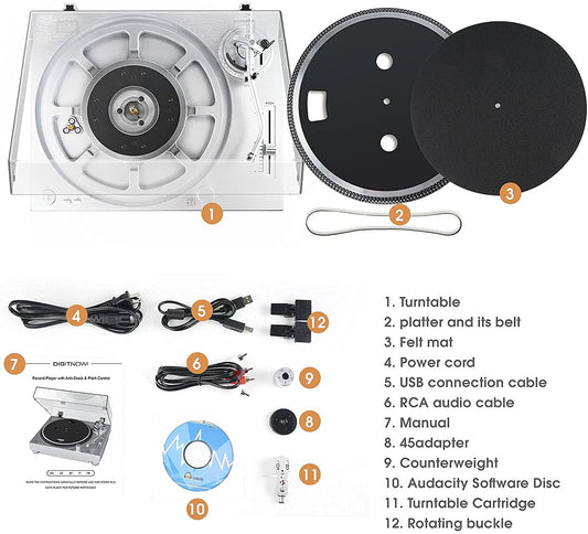 DIGITNOW High Fidelity Belt Drive Turntable, Vinyl Record Player with Magnetic Cartridge, Convert Vinyl to Digital, Variable Pitch Control &Anti-Skate Control